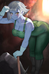 Size: 800x1200 | Tagged: safe, artist:tzc, limestone pie, human, equestria girls, g4, bent over, big breasts, breasts, busty limestone pie, cleavage, clothes, female, fist, gloves, looking at you, mine, miner, overalls, pickaxe, raised fist, rock, solo, sweat, tomboy, wide hips