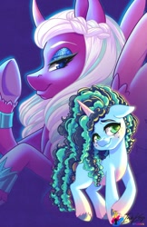Size: 792x1224 | Tagged: safe, artist:inkkeystudios, misty brightdawn, opaline arcana, alicorn, pony, unicorn, g5, spoiler:g5, blue background, blushing, coat markings, cornrows, curved horn, duo, duo female, eyebrows, eyeshadow, female, floppy ears, freckles, horn, looking at you, makeup, mare, ringlets, signature, simple background, smiling, smiling at you, socks (coat markings), spread wings, underhoof, unshorn fetlocks, wings