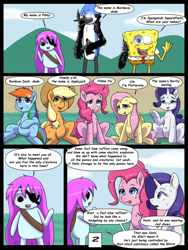 Size: 7500x10000 | Tagged: safe, artist:chedx, applejack, fluttershy, pinkie pie, rainbow dash, rarity, comic:learning with pibby glitch battles, g4, absurd resolution, comic, commission, error, fanfic, fanfic art, floppy ears, glitch, male, mane six, mordecai, multiverse, pibby, regular show, speech bubble, spongebob squarepants, text