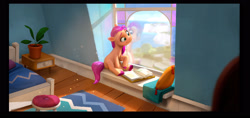 Size: 2532x1197 | Tagged: safe, artist:francesco denicolò, sunny starscout, earth pony, pony, g5, my little pony: a new generation, bedroom, book, concept art, cute, female, reflection, solo, sunnybetes, window