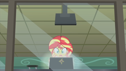 Size: 1920x1080 | Tagged: safe, screencap, sunset shimmer, human, equestria girls, g4, my little pony equestria girls: friendship games, the science of magic, computer, female, laptop computer, oh crap face, shrunken pupils, solo, sunset the science gal