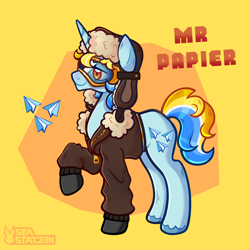 Size: 3000x3000 | Tagged: safe, artist:seasemissary, oc, oc:mr. papier, pony, unicorn, bomber jacket, clothes, goggles, high res, jacket, male, offspring, parent:fancypants, parent:lightning dust, quadrupedal, raised hoof, solo, stallion