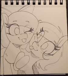 Size: 604x676 | Tagged: safe, artist:lockheart, oc, oc only, oc:cherry sweetheart, oc:stella cherry, earth pony, pony, bow, cheek squish, cute, duo, explicit source, eye clipping through hair, female, grayscale, hair bow, holding hooves, mare, monochrome, one eye closed, pencil drawing, squishy cheeks, tongue out, traditional art