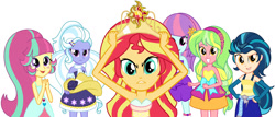 Size: 1280x547 | Tagged: safe, artist:sarahalen, indigo zap, lemon zest, sour sweet, sugarcoat, sunny flare, sunset shimmer, human, equestria girls, g4, my little pony equestria girls, alternate hairstyle, alternate universe, armpits, arms in the air, bare shoulders, clothes, dress, fall formal outfits, hands in the air, simple background, sleeveless, sleeveless dress, strapless, white background