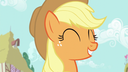 Size: 1280x720 | Tagged: safe, screencap, applejack, earth pony, pony, applejack's "day" off, g4, ^^, applejack is best facemaker, cute, eyes closed, jackabetes, smiling, solo