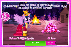 Size: 1958x1296 | Tagged: safe, gameloft, twilight sparkle, alicorn, pony, g4, my little pony: magic princess, advertisement, clothes, costs real money, dress, english, female, gem, hat, horn, introduction card, mare, mobile game, numbers, sale, solo, spread wings, text, twilight sparkle (alicorn), wings