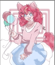 Size: 591x700 | Tagged: safe, artist:tobyw3ird, pinkie pie, human, g4, alternate hairstyle, balloon, clothes, cute, diapinkes, eared humanization, female, humanized, open mouth, shirt, skirt, solo, tail, tailed humanization