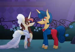 Size: 2376x1650 | Tagged: safe, artist:darbypop1, oc, oc:darby, alicorn, pony, unicorn, bowtie, clothes, dress, duo, female, mare, pants, ponified, suit, wally darling, welcome home