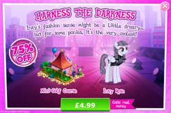 Size: 1958x1298 | Tagged: safe, gameloft, inky rose, pegasus, pony, g4, my little pony: magic princess, advertisement, balloon, bush, clothes, costs real money, english, female, folded wings, golf club, introduction card, mare, mobile game, numbers, sale, solo, text, wings