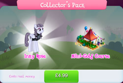 Size: 1269x858 | Tagged: safe, gameloft, inky rose, pegasus, pony, g4, my little pony: magic princess, balloon, bundle, bush, clothes, costs real money, english, female, folded wings, golf club, mare, mobile game, numbers, sale, solo, text, wings