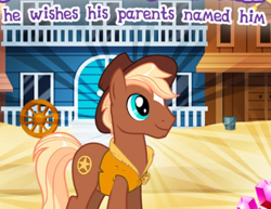 Size: 524x405 | Tagged: safe, gameloft, sheriff tumbleweed, earth pony, pony, g4, my little pony: magic princess, clothes, male, meme, stallion, text, vest, wow! glimmer