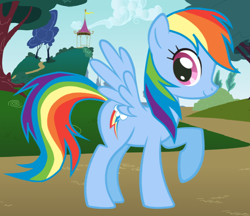 Size: 732x632 | Tagged: safe, rainbow dash, pegasus, pony, g4, bush, cloud, cute, dashabetes, female, grass, i can't believe it's not hasbro studios, looking at you, mare, outdoors, pony maker, raised hoof, side view, sky, smiling, smiling at you, solo, spread wings, tree, tree trunk, wings