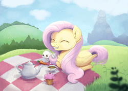 Size: 2970x2100 | Tagged: safe, artist:candy meow, angel bunny, fluttershy, pegasus, pony, rabbit, g4, ^^, animal, carrot, chest fluff, cup, cupcake, duo, eyes closed, female, food, herbivore, high res, male, mare, mountain, picnic, picnic blanket, scenery, smiling, teacup