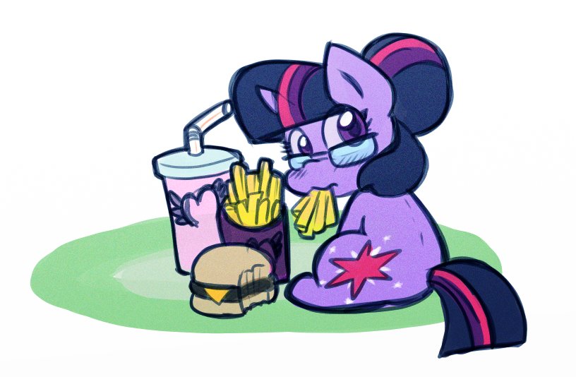 [artist:zutcha,burger,drink,eating,female,food,french fries,hair bun,hamburger,looking at you,looking back,mare,meat,mouth hold,pony,safe,simple background,sitting,soda,solo,twilight sparkle,unicorn,white background,cheeseburger,ponies eating meat,equestria girls ponified,twilight burgkle,looking back at you,sci-twi,unicorn sci-twi,that pony sure does love burgers]