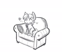 Size: 1914x1590 | Tagged: safe, artist:zutcha, oc, oc only, pony, unicorn, black and white, couch, eyes closed, grayscale, heart, male, monochrome, simple background, sitting, smiling, solo, stallion, white background