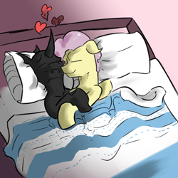 Size: 3000x3000 | Tagged: safe, artist:fumalunga, oc, oc only, oc:cables, oc:coxa, changeling, pegasus, pony, bed, blanket, changeling oc, cuddling, gay, heart, high res, holding hooves, interspecies, male, pegasus oc, pillow, smiling