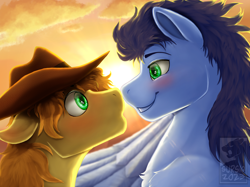 Size: 2732x2048 | Tagged: safe, artist:sursiq, braeburn, soarin', earth pony, pegasus, pony, g4, accessory, blue mane, blushing, boop, chest fluff, cloud, commission, couple, cowboy hat, cute, eye shimmer, floppy ears, fluffy, gay, green eyes, happy, hat, high res, lens flare, looking at each other, looking at someone, male, noseboop, orange mane, shading, shiny eyes, ship:soarburn, shipping, smiling, stallion, sun, sunset, teeth, watermark, wings
