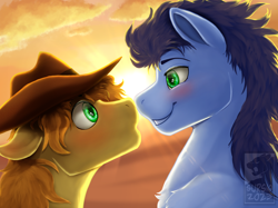 Size: 2732x2048 | Tagged: safe, alternate version, artist:sursiq, braeburn, soarin', earth pony, pegasus, pony, g4, accessory, blue mane, blushing, boop, chest fluff, cloud, commission, couple, cowboy hat, cute, eye shimmer, floppy ears, fluffy, gay, green eyes, happy, hat, high res, lens flare, looking at each other, looking at someone, male, noseboop, orange mane, shading, shiny eyes, ship:soarburn, shipping, smiling, stallion, sun, sunset, teeth, watermark