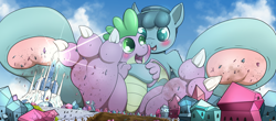 Size: 8096x3560 | Tagged: safe, artist:rai-kun, editor:starponys87, crystal hoof, spike, thorax, changedling, changeling, crystal pony, dragon, pony, g4, absurd resolution, affection, barefoot, blushing, brotherly love, claws, crush fetish, crushing, crystal castle, crystal empire, crystal heart, cute, debris, destruction, dirt, dirty, dirty feet, dirty hooves, disguise, disguised changeling, feet, fetish, foot focus, giant dragon, giant pony, hoof focus, hooves, hug, hug from behind, macro, male, mega giant, monster, not shipping, not what it looks like, panorama, paw print, shy, soles, thorabetes, toes