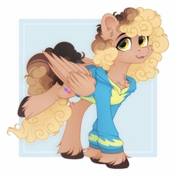 Size: 1500x1500 | Tagged: safe, artist:vird-gi, oc, oc only, oc:bitsy brownie, pegasus, pony, chest fluff, clothes, ear fluff, folded wings, freckles, hoodie, leg fluff, looking at you, male, open mouth, pegasus oc, smiling, solo, stallion, tail, tail wrap, unshorn fetlocks, wings, wonderbolts