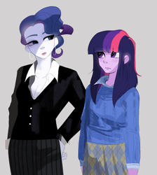Size: 1953x2175 | Tagged: safe, artist:aztrial, rarity, twilight sparkle, human, equestria girls, g4, alternate hairstyle, alternate universe, clothes, crossover, duo, ear piercing, earring, female, jewelry, lipstick, makeup, parody, piercing, shirt, skirt, suit, sweater, the devil wears prada