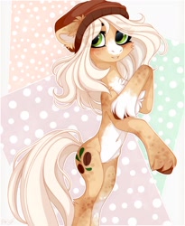 Size: 1260x1540 | Tagged: safe, artist:vird-gi, oc, oc only, earth pony, pony, beanie, chest fluff, coat markings, dappled, eye clipping through hair, eyebrows, eyebrows visible through hair, hat, looking at you, solo, unshorn fetlocks
