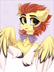 Size: 1200x1600 | Tagged: safe, artist:vird-gi, oc, oc only, oc:sun burst, pegasus, pony, bow, bowtie, colored wings, colored wingtips, ear piercing, earring, jewelry, looking at you, piercing, smiling, solo, spread wings, unshorn fetlocks, wings