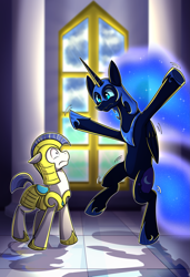 Size: 2275x3325 | Tagged: safe, artist:littletigressda, nightmare moon, alicorn, earth pony, pony, g4, bipedal, confused, duo, female, floppy ears, folded wings, frown, helmet, high res, looking at each other, looking at someone, male, mare, peytral, royal guard, stallion, wings