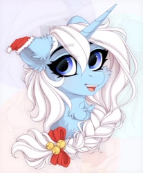 Size: 1290x1555 | Tagged: safe, artist:vird-gi, oc, oc only, oc:eula phi, pony, unicorn, bow, braid, bust, cheek fluff, chest fluff, christmas, cute, ear fluff, eye clipping through hair, eyebrows, eyebrows visible through hair, female, hair bow, hat, holiday, looking at you, mare, open mouth, open smile, santa hat, smiling, solo, zoom layer