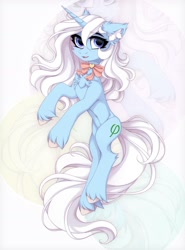 Size: 1350x1825 | Tagged: safe, artist:vird-gi, oc, oc only, oc:eula phi, pony, unicorn, bow, bowtie, cheek fluff, chest fluff, ear fluff, eyebrows, eyebrows visible through hair, female, looking at you, mare, smiling, solo, unshorn fetlocks, zoom layer