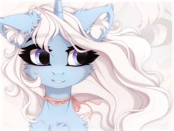 Size: 1600x1200 | Tagged: safe, artist:vird-gi, oc, oc only, oc:eula phi, pony, unicorn, bust, cheek fluff, chest fluff, ear fluff, eyebrows, eyebrows visible through hair, female, mare, ribbon, solo, zoom layer