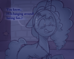 Size: 869x694 | Tagged: safe, anonymous artist, misty brightdawn, pony, unicorn, series:misty pov, g5, awkward smile, blatant lies, blushing, brick wall, concave belly, cornrows, dialogue, eye clipping through hair, eyebrows, eyebrows visible through hair, female, floppy ears, horn, implied pipp petals, jewelry, limited palette, looking at someone, mane melody (location), mare, medallion, necklace, offscreen character, raised hoof, ribs, skinny, smiling, solo, speaker, sweat, sweatdrop, thin