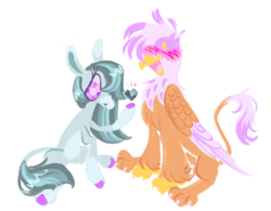 Size: 1280x998 | Tagged: safe, artist:webkinzworldz, gilda, marble pie, earth pony, griffon, pony, twinkle eyed pony, g4, blush scribble, blushing, chest fluff, claws, coat markings, colored hooves, colored muzzle, colored wings, colored wingtips, crack shipping, duo, female, gem, gift giving, leonine tail, lesbian, looking at someone, looking away, marbilda, multicolored wings, neck fluff, pale belly, paws, purple eyes, shipping, simple background, sitting, socks (coat markings), tail, talons, white background, wings
