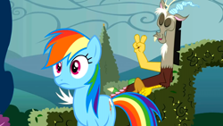 Size: 1280x720 | Tagged: safe, screencap, discord, rainbow dash, pony, g4, the return of harmony, canterlot hedge maze, hedge maze, maze