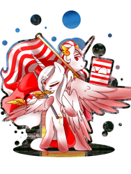 Size: 768x1024 | Tagged: safe, artist:diniarvegafinahar, oc, oc only, oc:indonisty, alicorn, pony, bipedal, colored wings, father and child, father and daughter, female, flag, gradient hooves, gradient wings, hat, holding, indonesia, majapahit empire, male, mare, nation ponies, one eye closed, polandball, ponified, simple background, songkok, stallion, white background, wings, wink