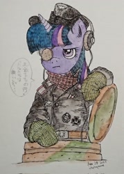 Size: 1463x2048 | Tagged: safe, artist:daisymane, twilight sparkle, pony, unicorn, g4, clothes, dialogue, eyepatch, female, grayscale, japanese, mare, monochrome, pencil drawing, solo, traditional art, unicorn twilight, uniform, watercolor painting