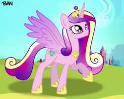 Size: 1476x1188 | Tagged: safe, artist:banquo0, princess cadance, alicorn, pony, g4, crown, crystal empire, female, jewelry, mare, raised hoof, regalia, solo, spread wings, wings