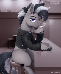 Size: 1930x2352 | Tagged: safe, artist:moetempura, oc, oc:hurricane, bar, blank flank, cigarette, clothes, jacket, leather, leather jacket, male, sitting, smoking, solo, stallion