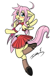 Size: 3508x4961 | Tagged: safe, alternate version, artist:memprices, fluttershy, pegasus, semi-anthro, g4, absurd resolution, arm hooves, blushing, clothes, colored, cosplay, costume, crossover, cute, female, izumi konata, jumping, looking at you, lucky star, mare, otakushy, raised tail, sailor uniform, school uniform, shoes, shyabetes, simple background, simple shading, skirt, socks, solo, spread wings, tail, uniform, white background, wings