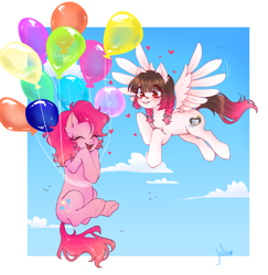 Size: 1810x1860 | Tagged: safe, artist:julieee3e, pinkie pie, oc, oc:arwencuack, earth pony, pegasus, pony, g4, advertisement, balloon, bandaid, bandaid on nose, commission, commission info, cute, emanata, eyes closed, floating, floating heart, flying, heart, heart eyes, open mouth, passepartout, sky background, solo, then watch her balloons lift her up to the sky, wingding eyes