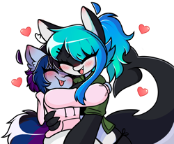 Size: 2868x2368 | Tagged: safe, artist:arwencuack, oc, oc only, anthro, clothes, commission, duo, eyes closed, furry, furry oc, high res, hoodie, hug, simple background, tongue out, white background
