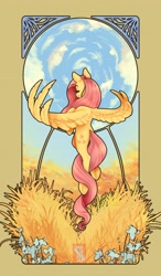 Size: 2320x3970 | Tagged: safe, artist:isaspsp, artist:laps-sp, fluttershy, pegasus, pony, g4, eyes closed, female, flying, high res, mare, modern art, nouveau, rear view, sky, smiling, solo, spread wings, wings