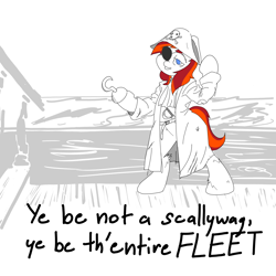 Size: 5016x5016 | Tagged: safe, artist:ponny, oc, oc only, oc:silverfoot, earth pony, pony, belt, bipedal, clothes, coat, colored, hat, hook, ocean, pirate, pirate hat, pirate ship, simple background, solo, speech bubble, stairs, sword, text, torn clothes, water, weapon, white background, wood, wooden floor