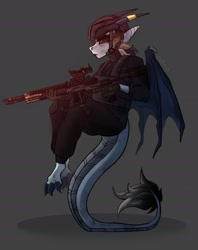 Size: 1756x2220 | Tagged: safe, artist:mirage, oc, oc only, dracony, dragon, hybrid, anthro, commission, dragon oc, female, gun, non-pony oc, sitting on tail, soldier, soldier pony, solo, tail, tail stand, weapon