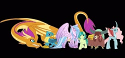 Size: 2426x1125 | Tagged: safe, artist:emilychristman, gallus, ocellus, prince rutherford, queen novo, sandbar, silverstream, smolder, yona, changedling, changeling, classical hippogriff, dragon, griffon, hippogriff, pony, yak, g4, my little pony: the movie, black background, cloven hooves, dragoness, female, hair over eyes, horn, long hair, long horn, long tail, male, monkey swings, older, older gallus, older ocellus, older sandbar, older silverstream, older smolder, older yona, palette swap, queen ocellus, recolor, simple background, stallion, student six, tail