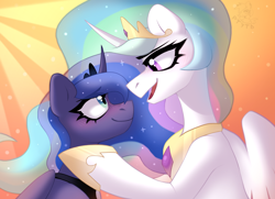 Size: 2160x1567 | Tagged: safe, artist:rtootb, princess celestia, princess luna, alicorn, pony, g4, blue eyes, blue mane, blushing, comforting, crepuscular rays, crown, digital art, duo, duo female, ethereal mane, eyelashes, feather, female, flowing mane, folded wings, gem, hoof shoes, horn, incest, jewelry, lesbian, lidded eyes, logo, looking at each other, looking at someone, mare, open mouth, open smile, orange background, pink eyes, regalia, royal sisters, ship:princest, shipping, siblings, simple background, sisters, smiling, smiling at each other, starry mane, sunlight, watermark, wings