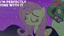 Size: 2000x1125 | Tagged: safe, edit, edited screencap, editor:quoterific, screencap, fluttershy, harry, bear, pegasus, pony, g4, scare master, season 5, female, harry the swamp monster, mare