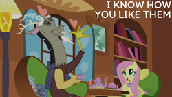 Size: 2000x1125 | Tagged: safe, edit, edited screencap, editor:quoterific, screencap, discord, fluttershy, draconequus, pegasus, pony, discordant harmony, g4, duo, female, fluttershy's cottage, male, mare