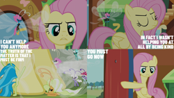 Size: 2000x1125 | Tagged: safe, edit, edited screencap, editor:quoterific, screencap, breezette, fluttershy, seabreeze, breezie, pegasus, pony, g4, it ain't easy being breezies, female, fluttershy's cottage, mare