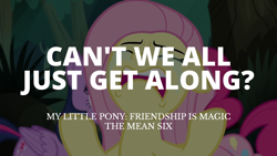 Size: 1920x1080 | Tagged: safe, edit, edited screencap, editor:quoterific, screencap, fluttershy, pinkie pie, twilight sparkle, alicorn, earth pony, pegasus, pony, g4, the mean 6, crying, dialogue, eyes closed, quote, raised hooves, rodney king, twilight sparkle (alicorn)